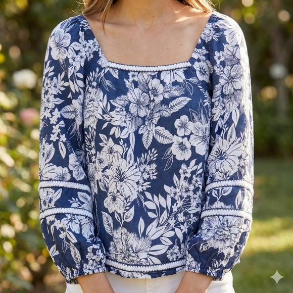 C&C California Tops - NWT C&C California Women’s Peasant Tropical Navy Floral Linen Blouse Size Large